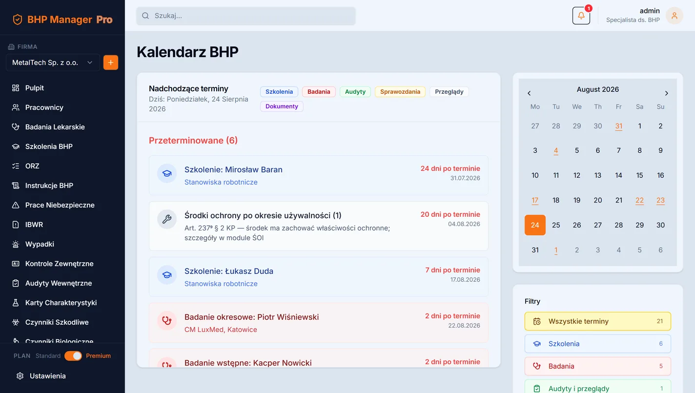Kalendarz i terminy BHP