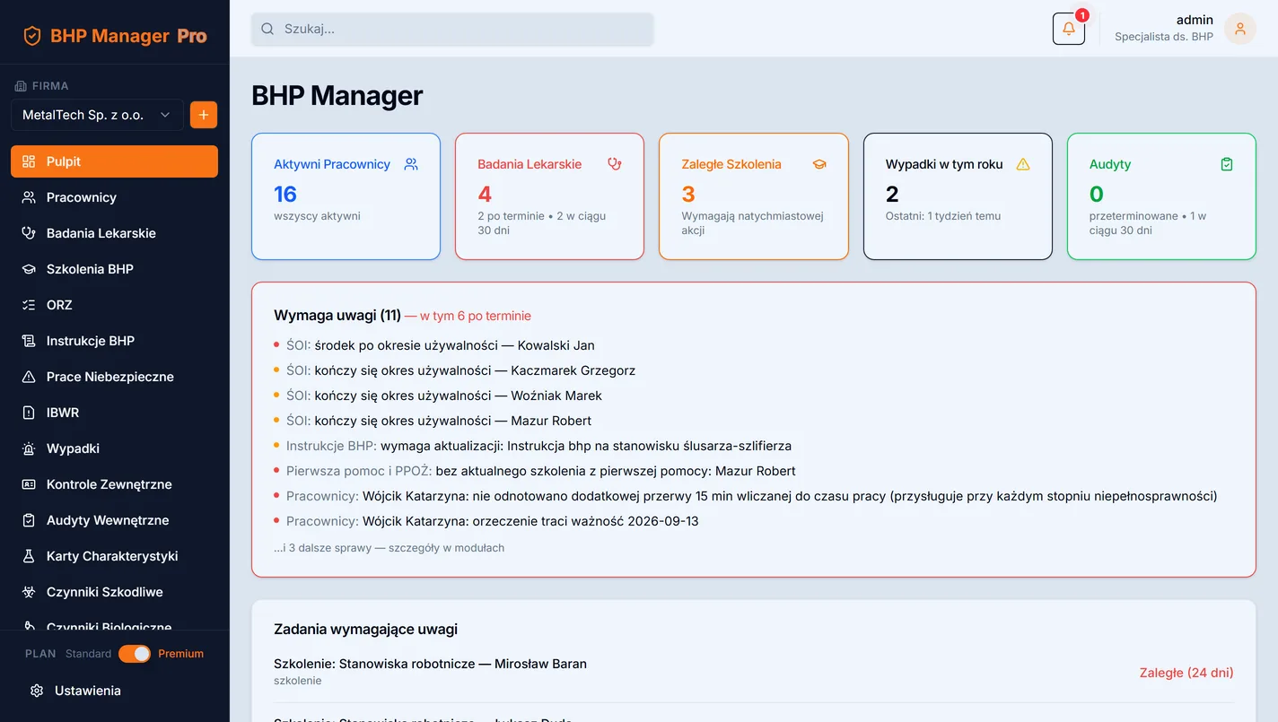 Pulpit aplikacji BHP Manager Pro
